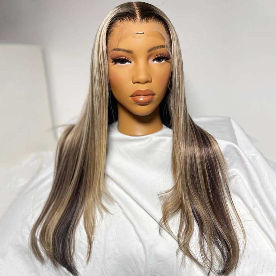 Free shipping Brazilian Straight Grey Highlights Transparent HD Front Wigs 360 Lace Frontal Wig Synthetic Preplucked For Women