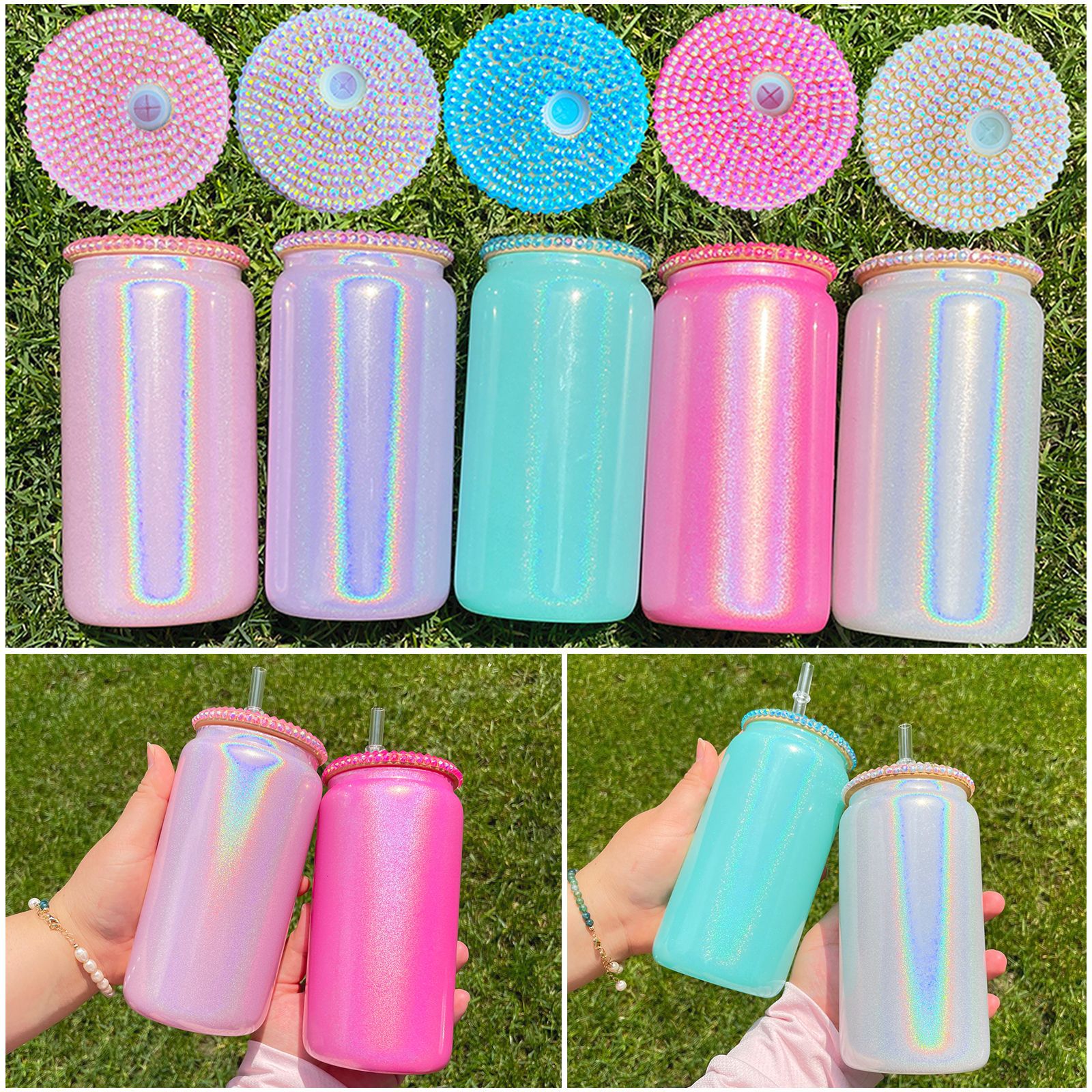 Sublimation 16oz Shimmer Glitter Glass Can with Bling lids shape Bottle with Lid and Straw Summer Drinkware Mason Jar Juice Cup Z11, Multi-color