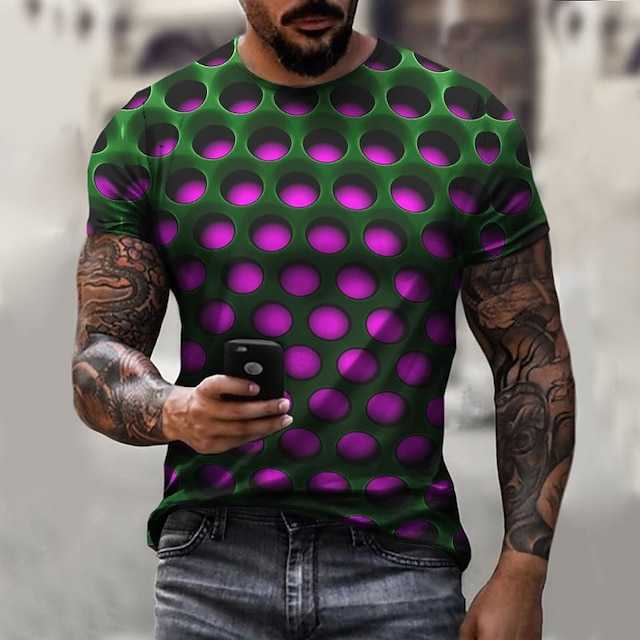 Mens T-Shirt Tee Optical Illusion Crew Neck Round Neck Green Purple Light Green Rosy Pink Dark Purple 3D Print Plus Size Casual Daily Short Sleeve Clo