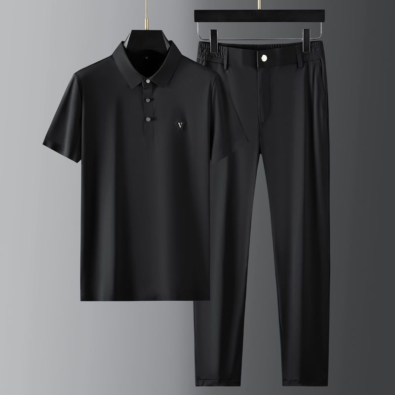 Mens Tracksuits T Shirt Pants Summer Business Short Sleeve Suit Comfortable Lapel Fast Drying Fashion Casual Twopiece Men Sweatsuits 230524