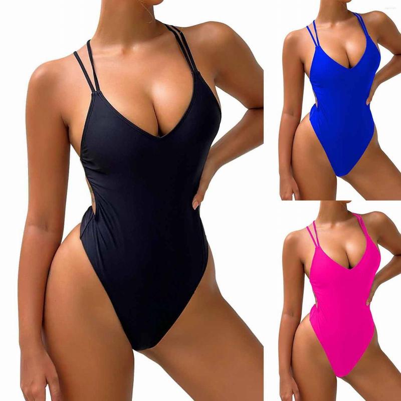 Women' Swimwear Women' Sexy Solid Piece Swimsuit V Neck Bathing Suit, Black