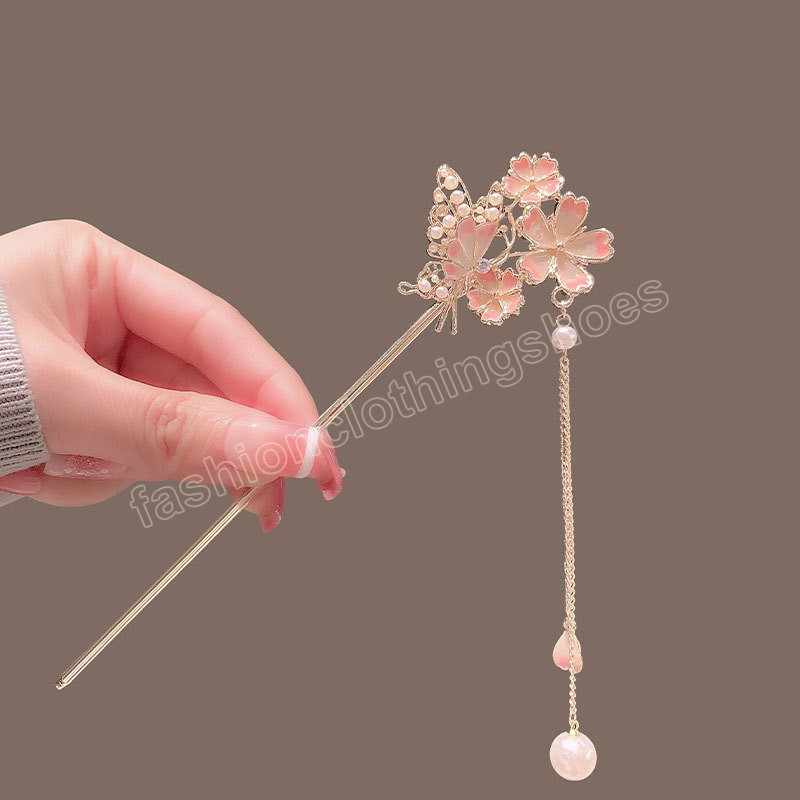 Vintage Chinese Style Hair Stick Tassels Pearls Hairpins Elegant Butterfly Flower Hair Pins Clip Chopsticks Accessories