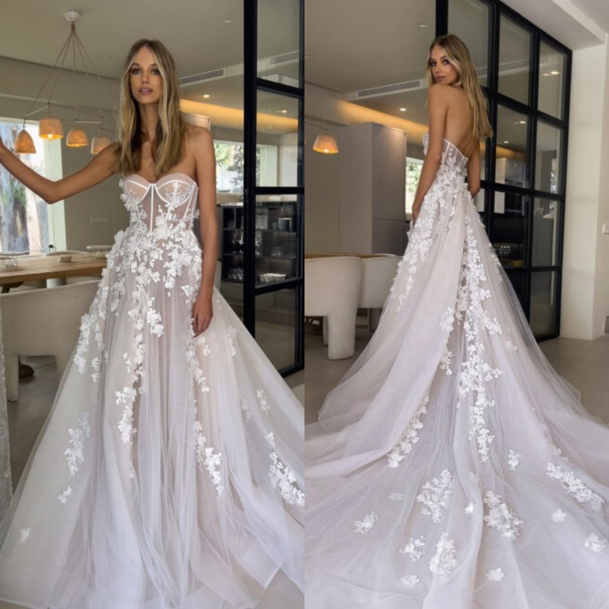 Boho Backless A Line Dresses Bone Bodice Sweep Train D Appliques Tulle Wedding Bridal Gowns