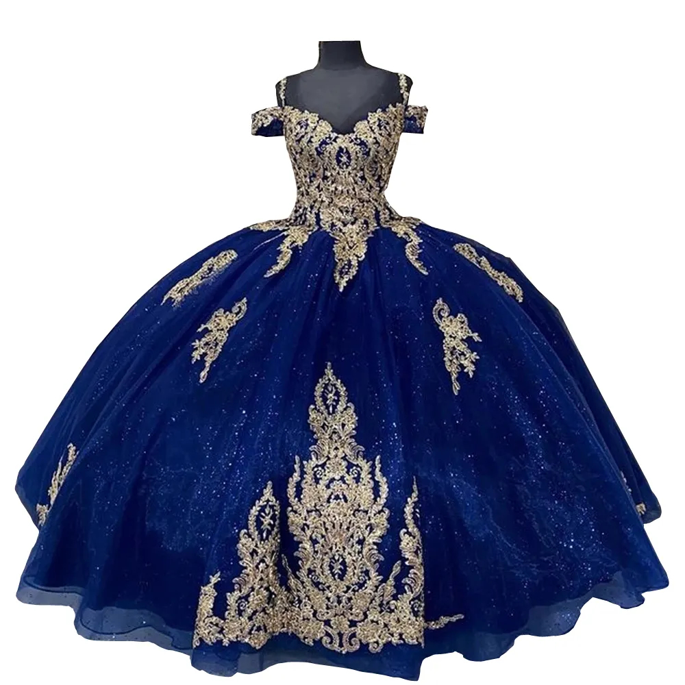 Princess Quinceanera Dresses Navy Blue Sequined Tulle Off The Shoulder Ball Gown Formal Prom Party Dress For Sweet 15 Girls Gold Lace Appliques Specia