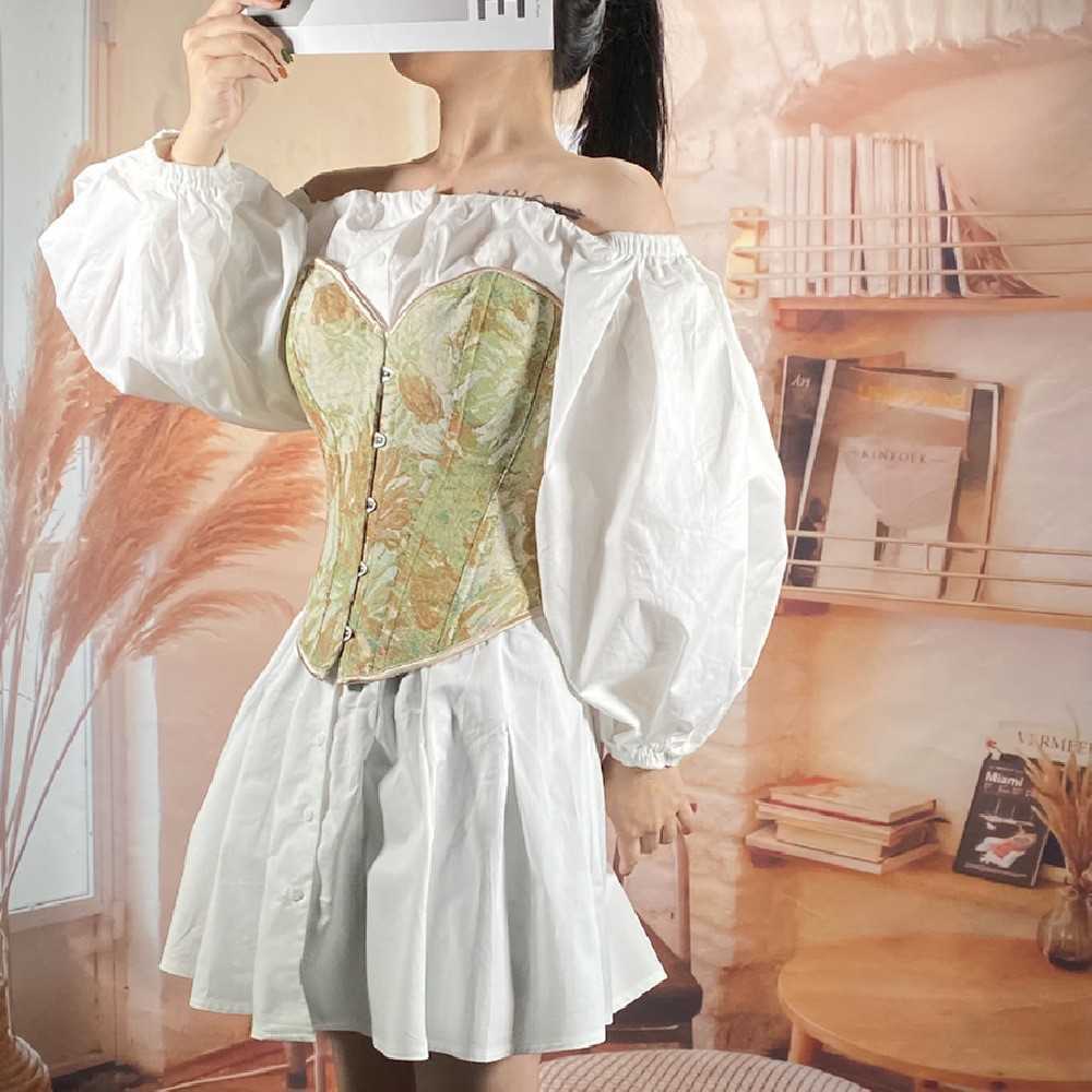 Women's Vintage Corset Top - Monet Oil Painting Style Bustier, 30cm5 Retro Button Strapless Corset, Fishbone Boning Waist Trainer, Spicy Girl Bod