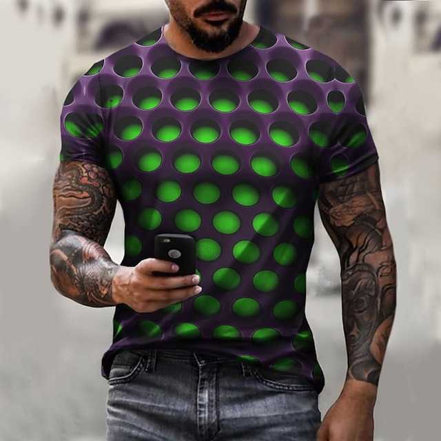 Mens T-Shirt Tee Optical Illusion Crew Neck Round Neck Green Purple Light Green Rosy Pink Dark Purple 3D Print Plus Size Casual Daily Short Sleeve Clo