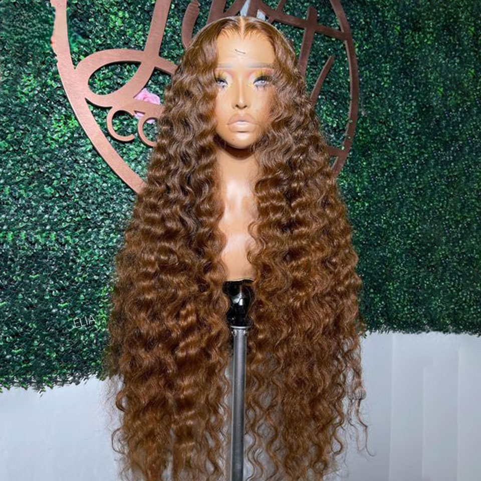 Free shipping Brazilian Brown Deep Wave Frontal Full Glueless Hd Transparent Lace Front Colored Synthetic Curly Wig Preplucked