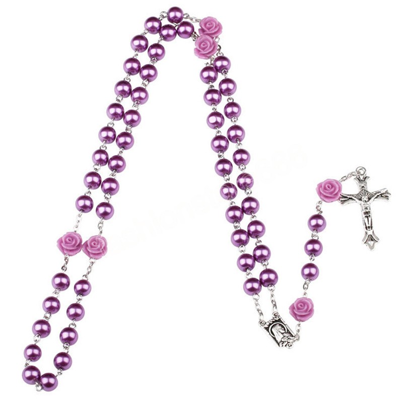 Catholic Purple Glass Beads Rosary Necklace For Women Cross Crucifix Pendant Rose Chain Fashion Religion Jewelry