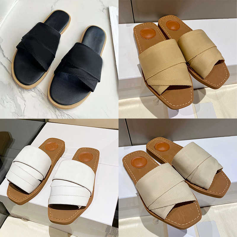 Women Sandals Designer Woody Flat Sandal Lettering Slippers Calfskin Canvas Cross Straps Shoes Summer Beach Flip Flops Outdoor Leather Sole Slides With Box NO290