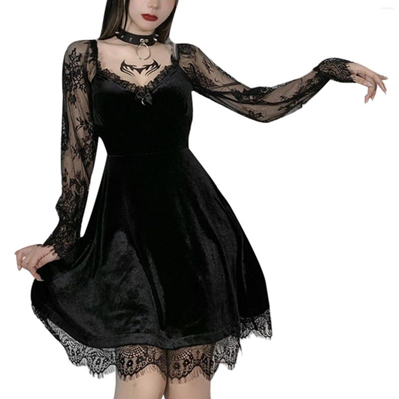 Casual Dresses Female Dress Solid Color Lace Stitching V-Neck Long Flare Sleeve Y2K Lolita Dark Style Ladies Black /M/L
Casual Dresses Female Dress Solid Color Lace Stitching V-Neck Long Flare Sleeve Y2K Lolita Dark Style Ladies Black /M/L