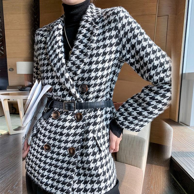 Women' Wool & Blends Woollen Overcoat Houndstooth Jacket With Waist Bag Korean Version Spring Woolen Coat Suit Thick And Loose, With belt
Women' Wool & Blends Woollen Overcoat Houndstooth Jacket With Waist Bag Korean Version Spring Woolen Coat Suit Thick And Loose, With belt