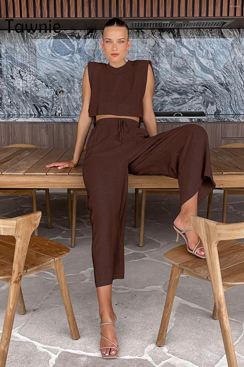 Women's Two Piece Pants Tawnie 2023 Summer Linen Sets Women Fashion Sexy Sleeveless Lace-Up Crop Tops Vacation Loose Long 2 Suits