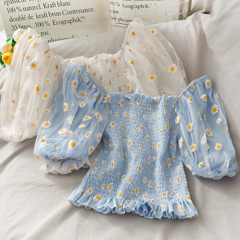 Women's Blouses Hikigawa Chic Fashion Women Sweet Flowers Slash Neck Puff Short Sleeve Shirts Sumemr Patchwork Mesh Pleated Blouse Tops, Blue 
Women's Blouses Hikigawa Chic Fashion Women Sweet Flowers Slash Neck Puff Short Sleeve Shirts Sumemr Patchwork Mesh Pleated Blouse Tops, Blue