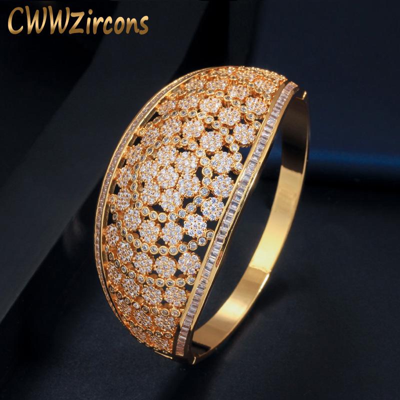 Bangle CWWZircons Glitter Indian Gold Color Micro Pave Cubic Zirconia Fancy Flower Large Wide Statement Bridal Wedding Bangles BG037
Bangle CWWZircons Glitter Indian Gold Color Micro Pave Cubic Zirconia Fancy Flower Large Wide Statement Bridal Wedding Bangles BG037