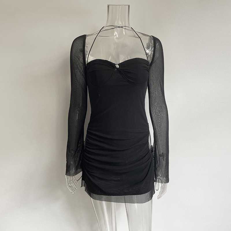 Autumn long sleeve solid color with high waist square neck short skirt wrapped around the chest temperament commuter pink waist dress