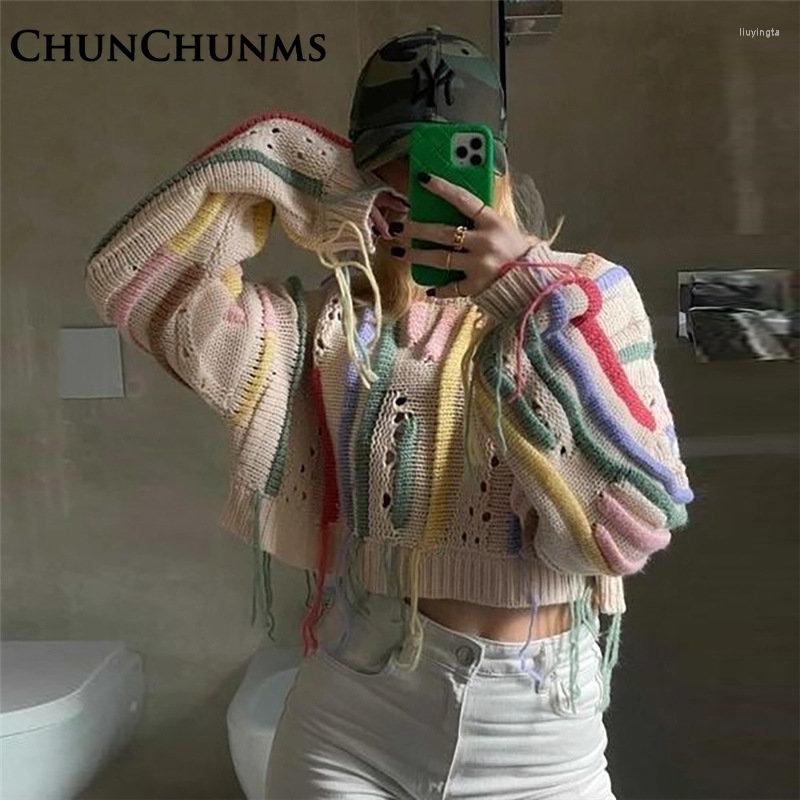 Women's Cotton Tassel Knit Sweater, Colorful Striped Fringe Pullover, Loose Oversize Blouse, Khaki, B4