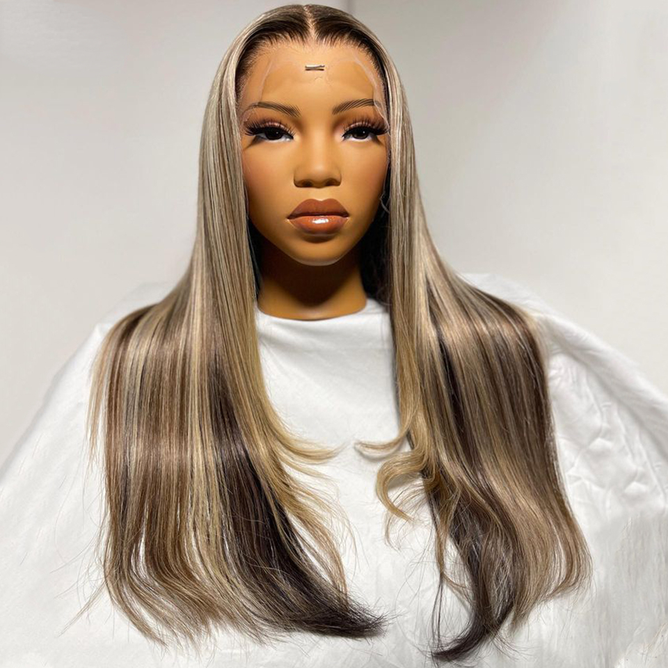 Free shipping Brazilian Straight Grey Highlights Transparent HD Front Wigs 360 Lace Frontal Wig Synthetic Preplucked For Women