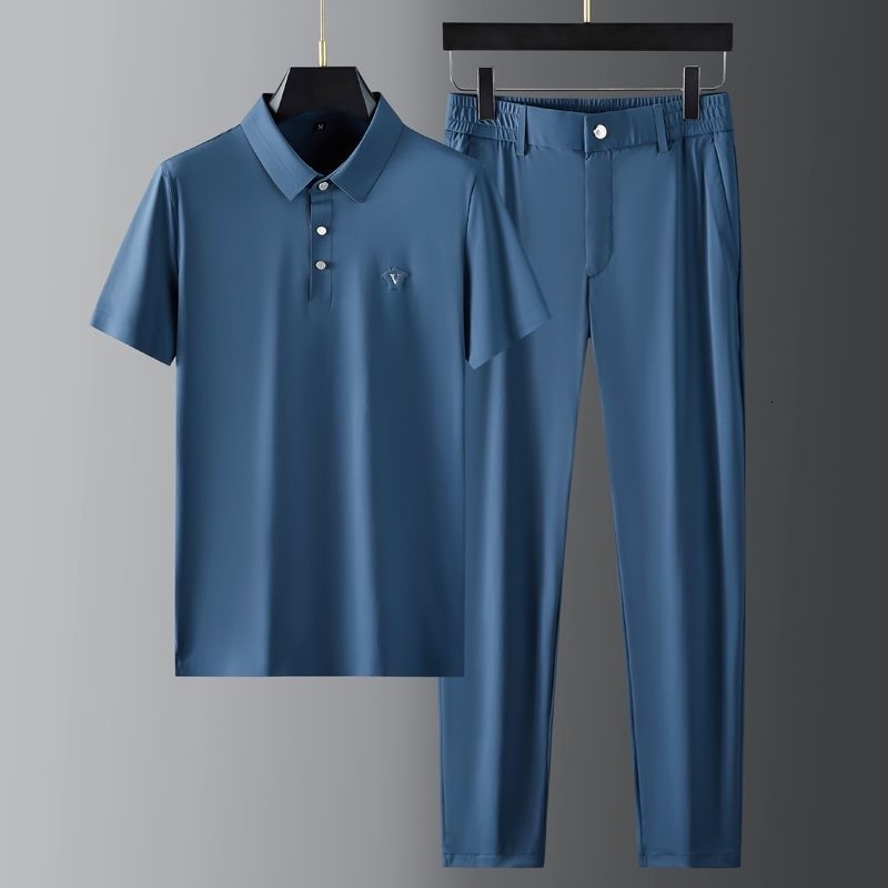 Mens Tracksuits T Shirt Pants Summer Business Short Sleeve Suit Comfortable Lapel Fast Drying Fashion Casual Twopiece Men Sweatsuits 230524