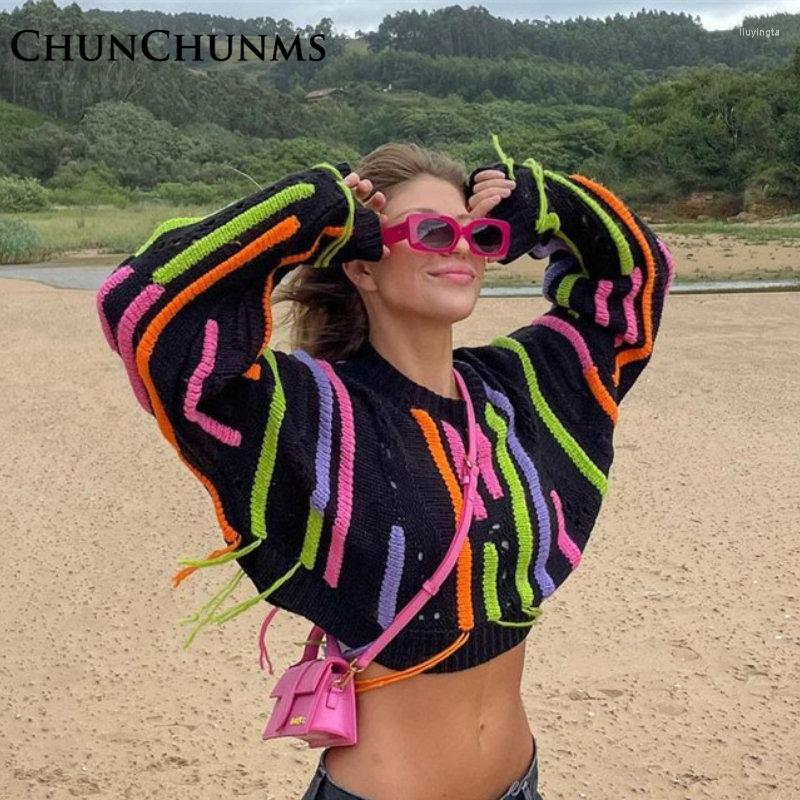 Women's Cotton Tassel Knit Sweater, Colorful Striped Fringe Pullover, Loose Oversize Blouse, Khaki, B4