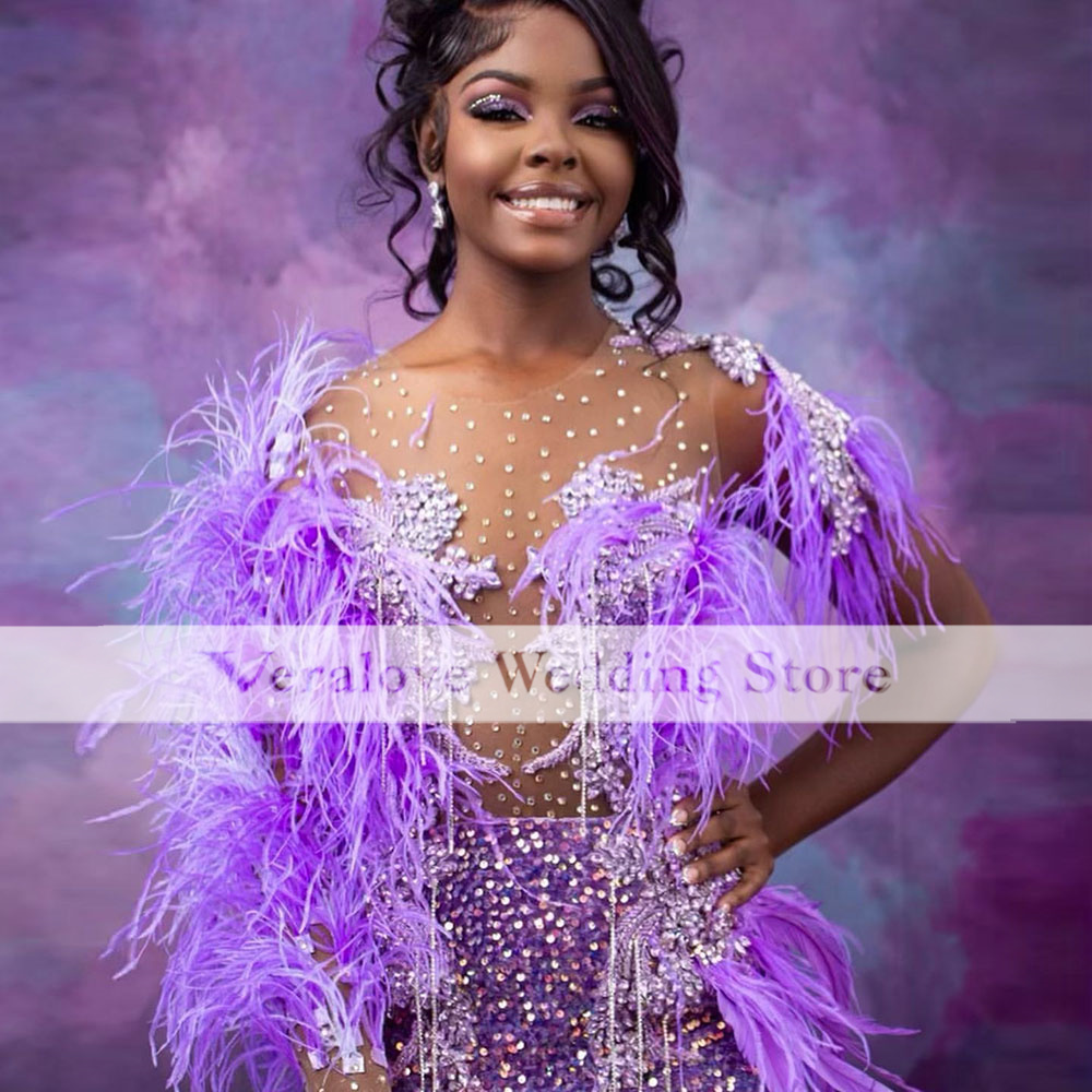 Purple Sequins Mermaid Prom Dresses With Feathers 2023 Black Girls Occasion Met Gala Party Gowns vestido feminino