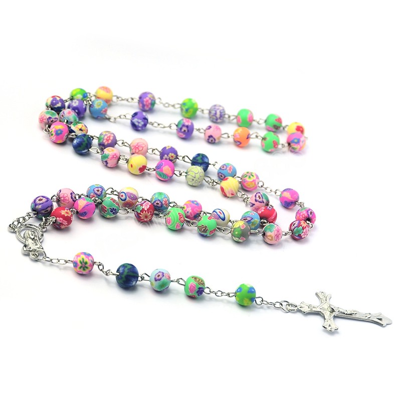 Multicolor Polymer Clay Beads Rosary Cross Necklace For Women Crucifix Pendant Chain Female Religion Jewelry