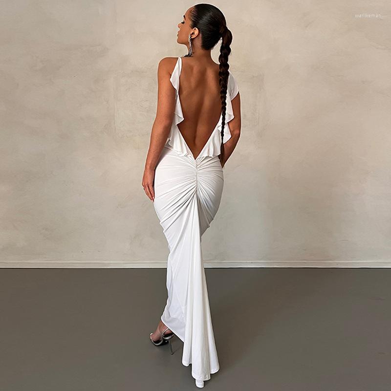 Casual Dresses Ruffles Backless For Women Y2K Ruched Vestidos Spaghetti Strap Formal Dress Fashion Evening Robe Slim Female Cloth Gowns