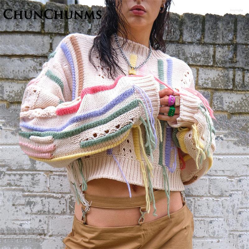 Women's Cotton Tassel Knit Sweater, Colorful Striped Fringe Pullover, Loose Oversize Blouse, Khaki, B4