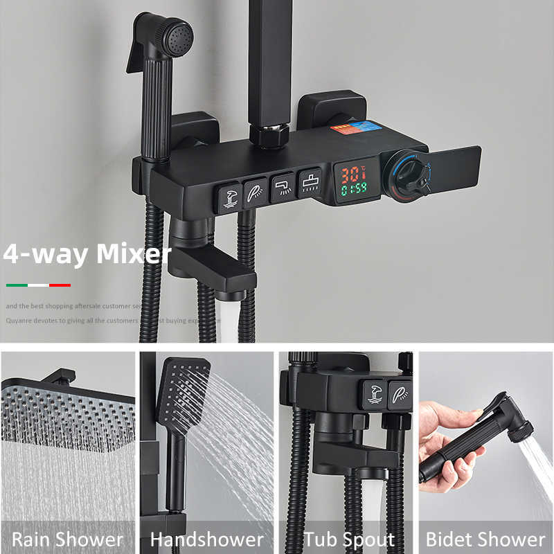 Bathroom Shower Sets Black Digital Display Shower 4-way Thermostatic Shower Faucet Rainfall Shower System chuveiro Bidet Faucet For Bath Shower