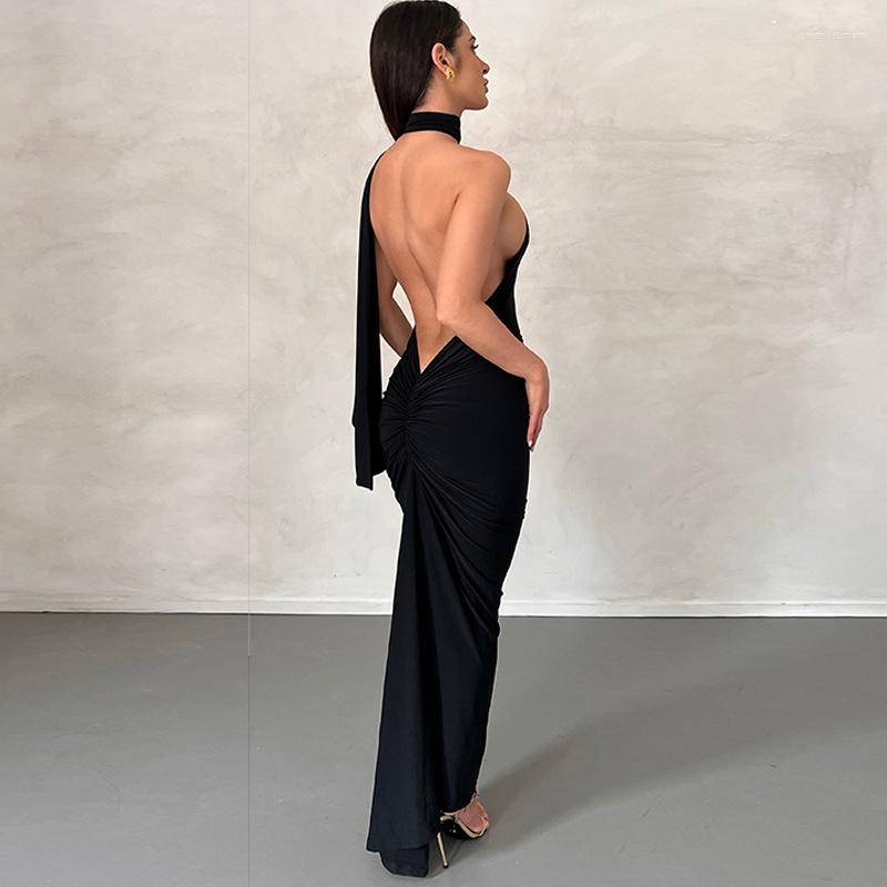 Casual Dresses Ruffles Backless For Women Y2K Ruched Vestidos Spaghetti Strap Formal Dress Fashion Evening Robe Slim Female Cloth Gowns