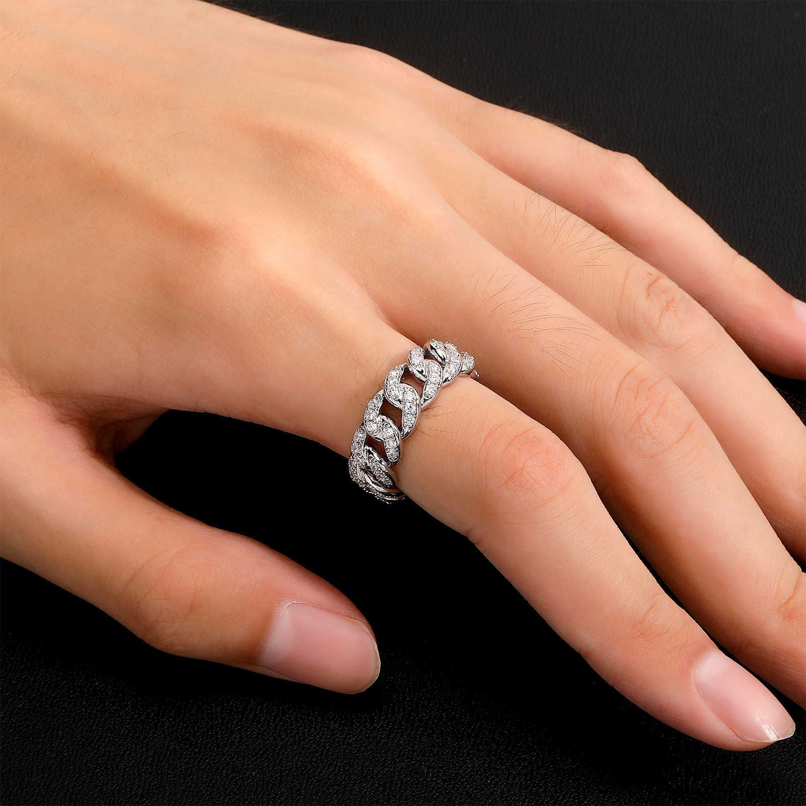 Full Zirconium Open Cuff Cuban Chain Ring Band Hip Hop Fashion Accessories For Men Women 14k Gold INS Personalized Hollow Out Iced Ut Cubic Zirconia R