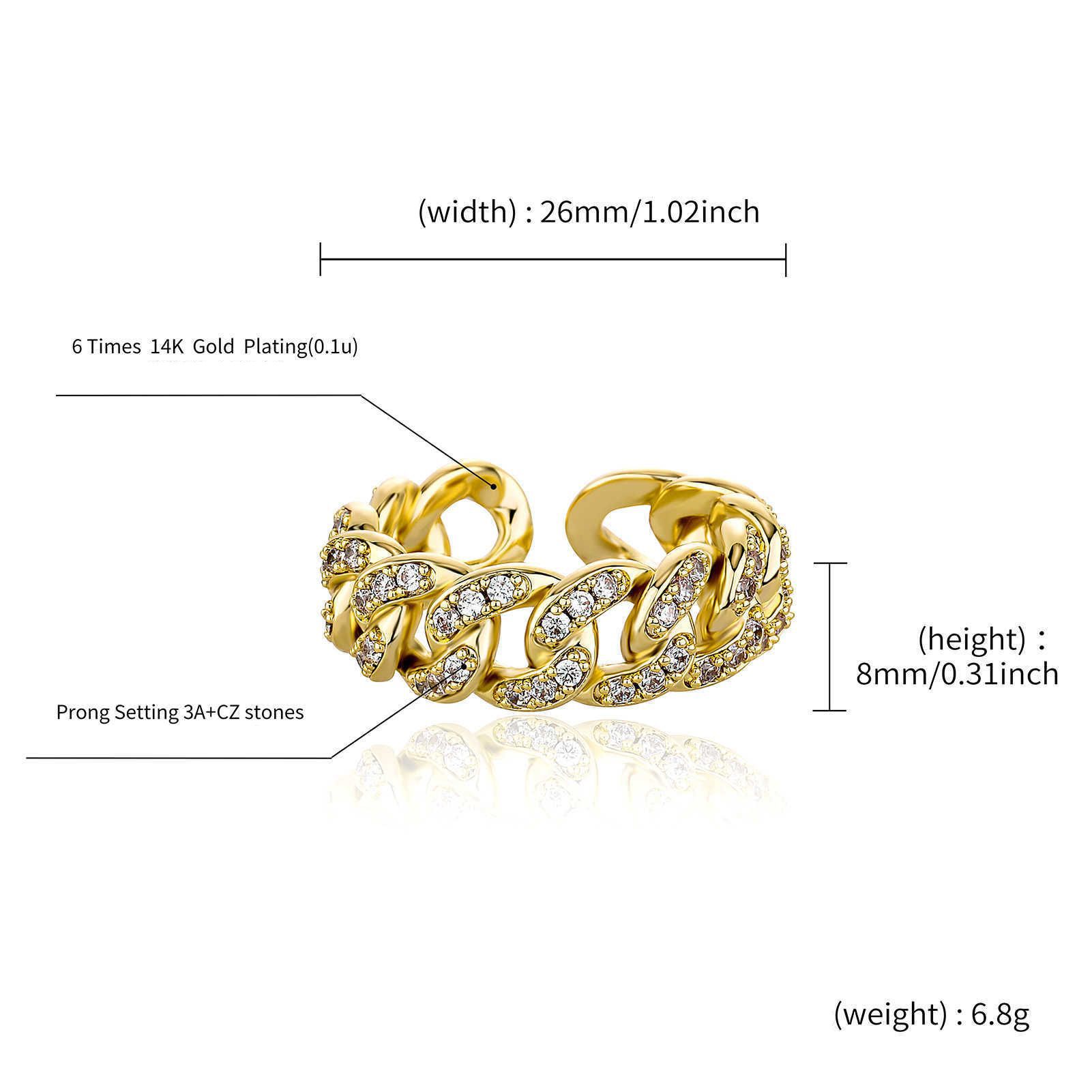 Full Zirconium Open Cuff Cuban Chain Ring Band Hip Hop Fashion Accessories For Men Women 14k Gold INS Personalized Hollow Out Iced Ut Cubic Zirconia R