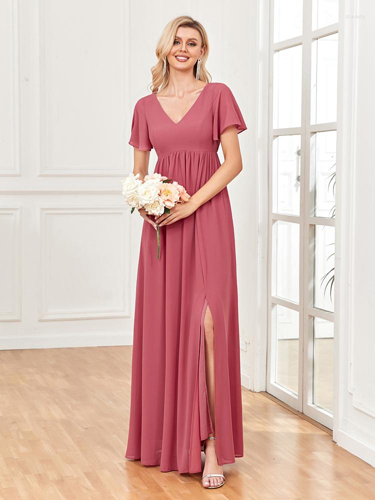 

Party Dresses 2023 Spring Summer Chiffon Evening Gowns Double V-Neck A-line Wedding Bridesmaid Dress Side Slit Floor Length, Brick red