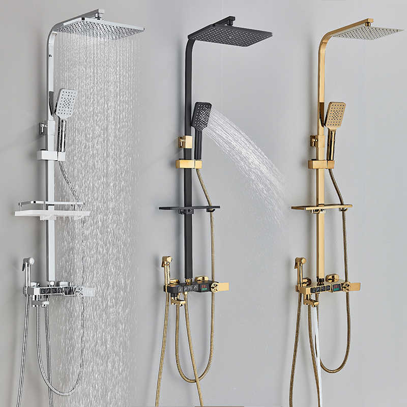 Bathroom Shower Sets Black Digital Display Shower 4-way Thermostatic Shower Faucet Rainfall Shower System chuveiro Bidet Faucet For Bath Shower
