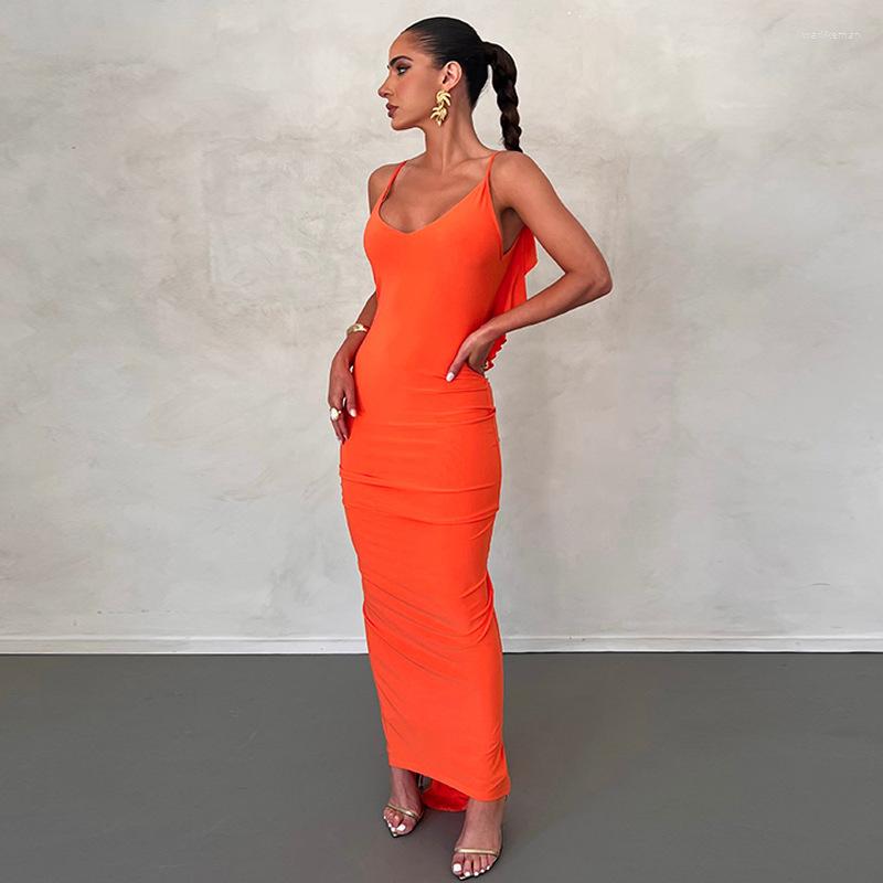 Casual Dresses Ruffles Backless For Women Y2K Ruched Vestidos Spaghetti Strap Formal Dress Fashion Evening Robe Slim Female Cloth Gowns