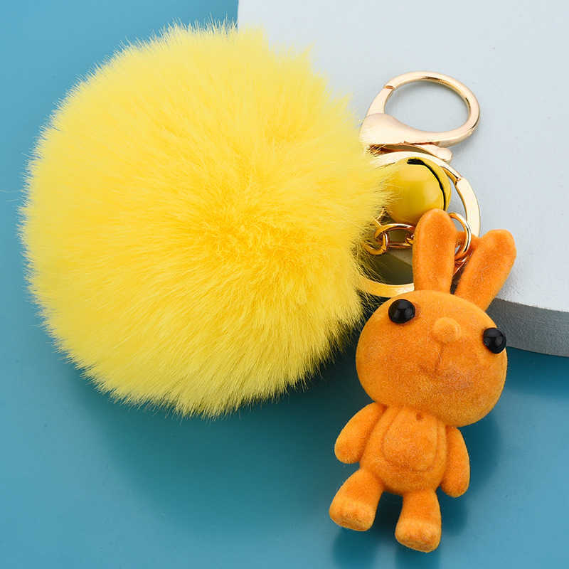 Key Rings Cute cartoon flip rabbit animal doll fur Pom Poms ball keychain women's bag charm jewelry car key pendant G230525