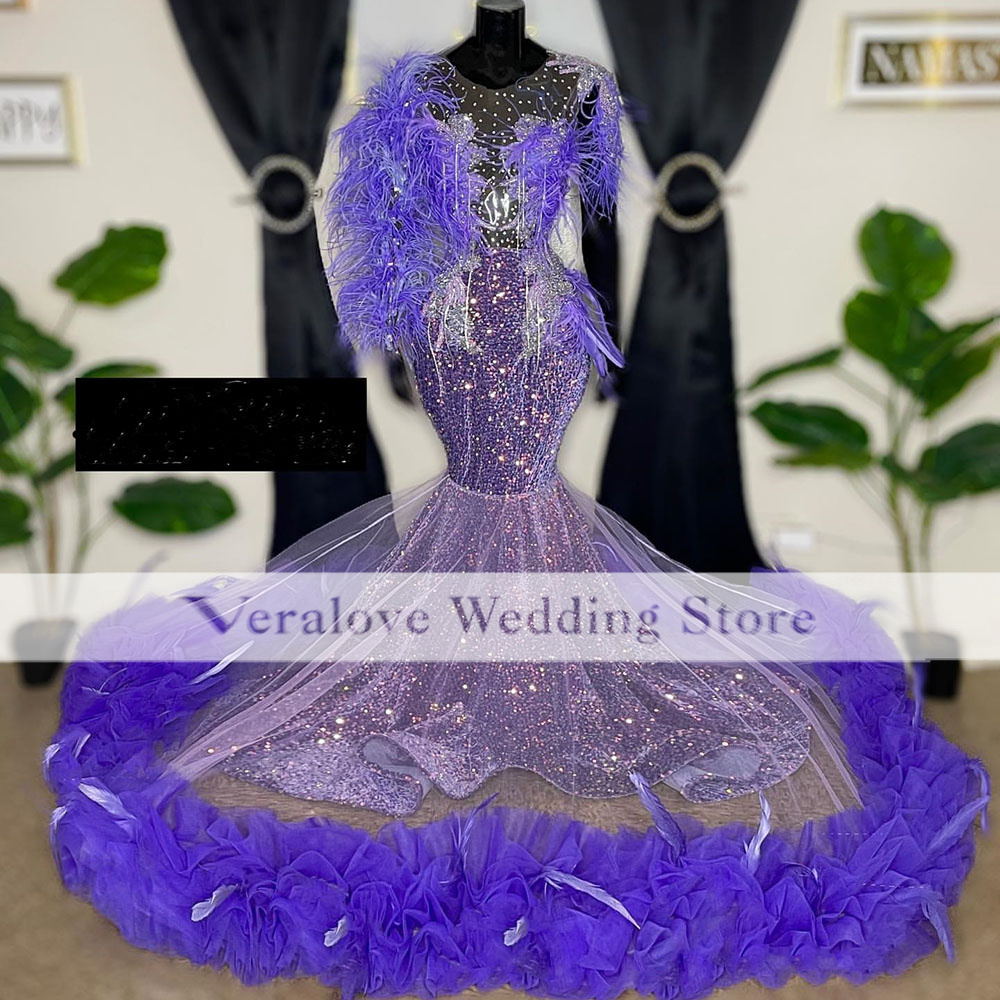 Purple Sequins Mermaid Prom Dresses With Feathers 2023 Black Girls Occasion Met Gala Party Gowns vestido feminino