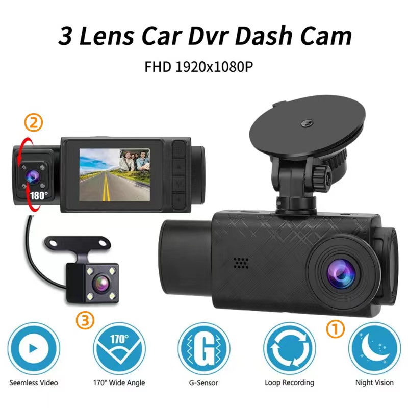 2 Inch HD 1080P 3 Lens S11 Car DVR Video Recorder Dash Cam 130 Degree Wide Angle Ultra Resolution Front Interior with Rear Camera Motion Detection