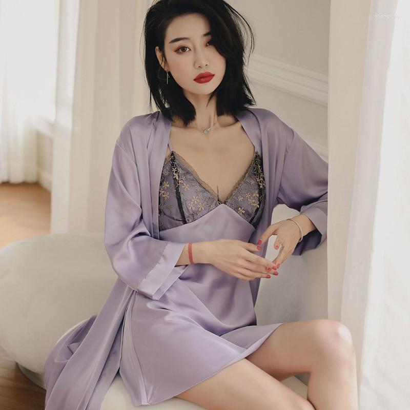 Women's Sleepwear Two-pieces Robe Suit Satin Nightgown Female V-Neck Suspender Nightdress Summer Kimono Bath Gown Sexy Home Clothes Lingerie, Purple b
Women's Sleepwear Two-pieces Robe Suit Satin Nightgown Female V-Neck Suspender Nightdress Summer Kimono Bath Gown Sexy Home Clothes Lingerie, Purple b