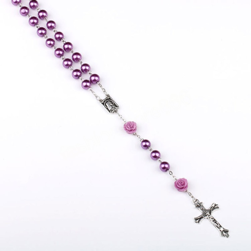 Catholic Purple Glass Beads Rosary Necklace For Women Cross Crucifix Pendant Rose Chain Fashion Religion Jewelry