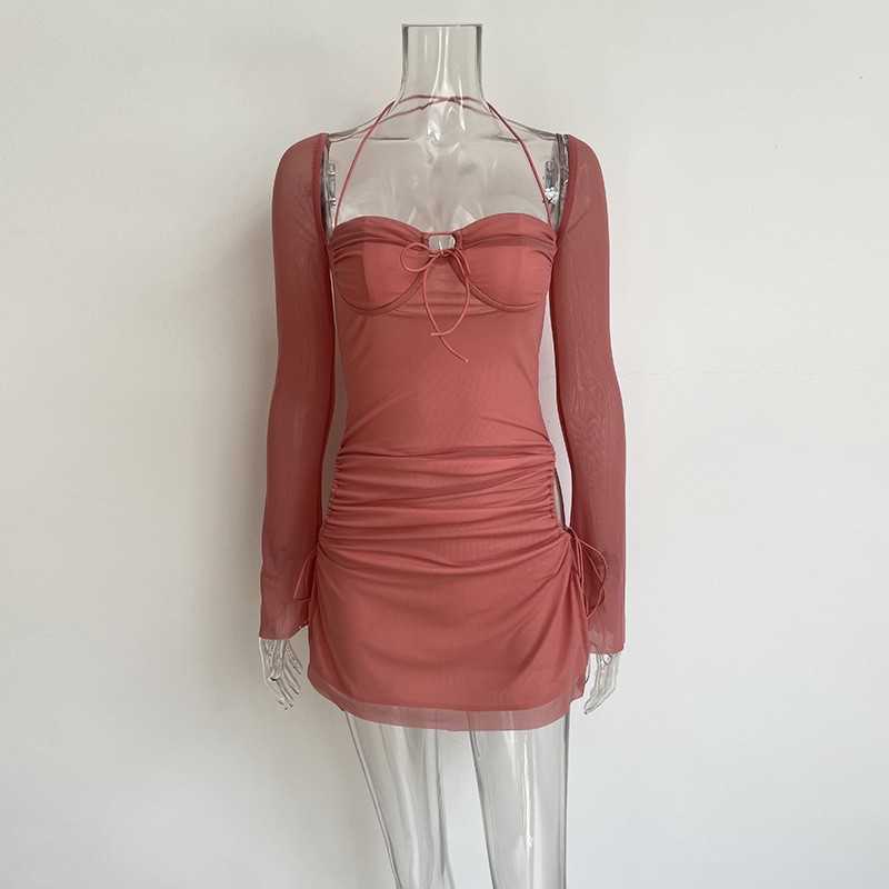 Autumn long sleeve solid color with high waist square neck short skirt wrapped around the chest temperament commuter pink waist dress