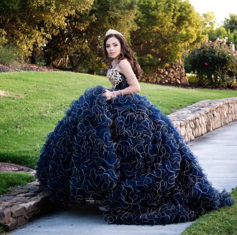 Navy Blue Quinceanera Dresses Beads Appliques Sweetheart Ruffles Corset Birthday Prom Gown Vestido De 15 Anos Quinceanera