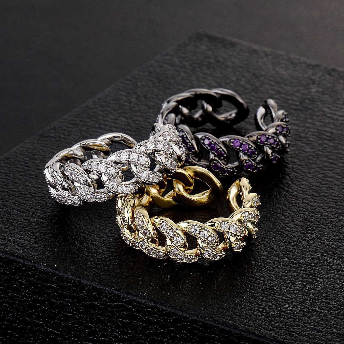 Full Zirconium Open Cuff Cuban Chain Ring Band Hip Hop Fashion Accessories For Men Women 14k Gold INS Personalized Hollow Out Iced Ut Cubic Zirconia R