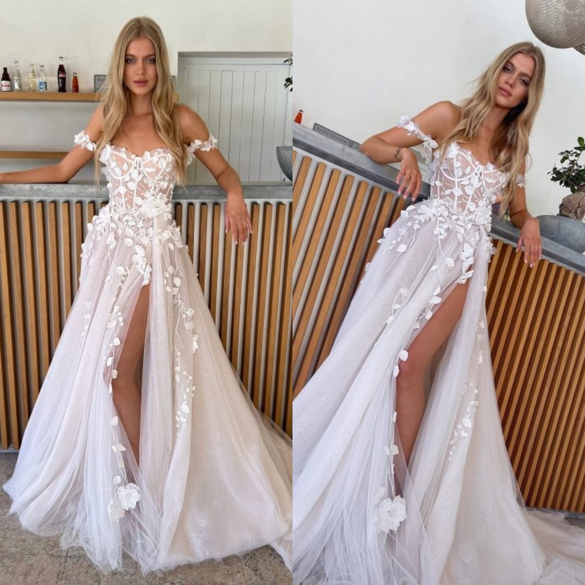 A Line Boho Dresses Appliques Thigh Slit Tulle Designer Wedding Bridal Gowns Ppliques ppliques