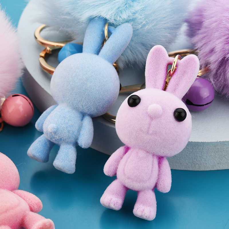 Key Rings Cute cartoon flip rabbit animal doll fur Pom Poms ball keychain women's bag charm jewelry car key pendant G230525