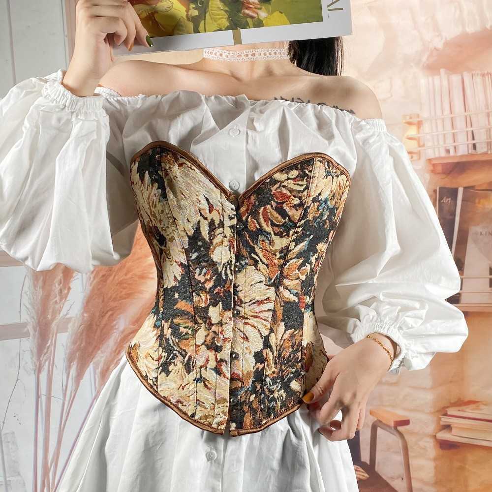 Women's Vintage Corset Top - Monet Oil Painting Style Bustier, 30cm5 Retro Button Strapless Corset, Fishbone Boning Waist Trainer, Spicy Girl Bod