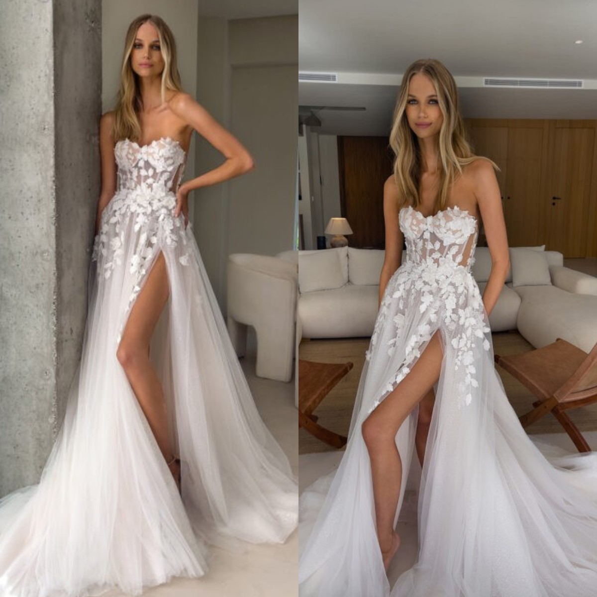 Boho A e Wedding Dresses Bone Bodice Appliques Sweetheart Slit Tulle designer wedding bridal gowns