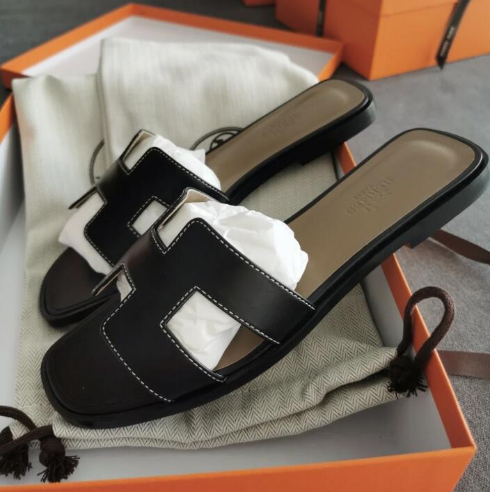 Luxury designer leather ladies sandals summer flat shoes fashion beach women slippers letter drag 35-43