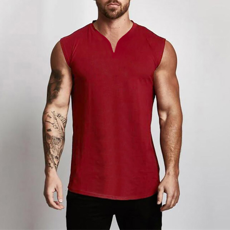 Mens Tank Tops Plain Cotton Vneck Fitness Top Men Summer Muscle Vest Gym Clothing Bodybuilding Sleeveless Shirt Workout Sports Singlets 230524