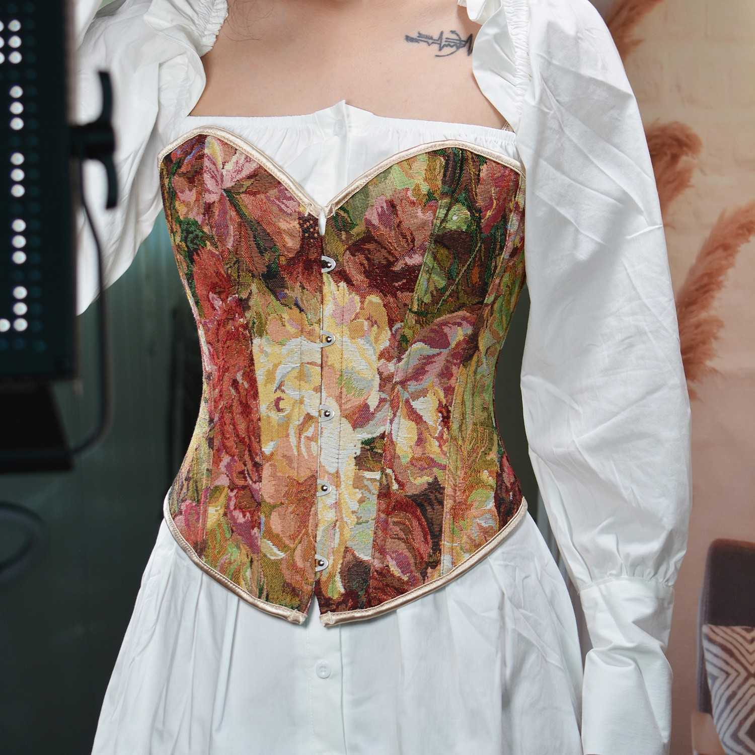 Women's Vintage Corset Top - Monet Oil Painting Style Bustier, 30cm5 Retro Button Strapless Corset, Fishbone Boning Waist Trainer, Spicy Girl Bod