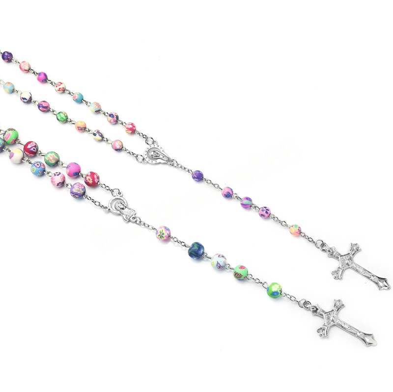 Multicolor Polymer Clay Beads Rosary Cross Necklace For Women Crucifix Pendant Chain Female Religion Jewelry